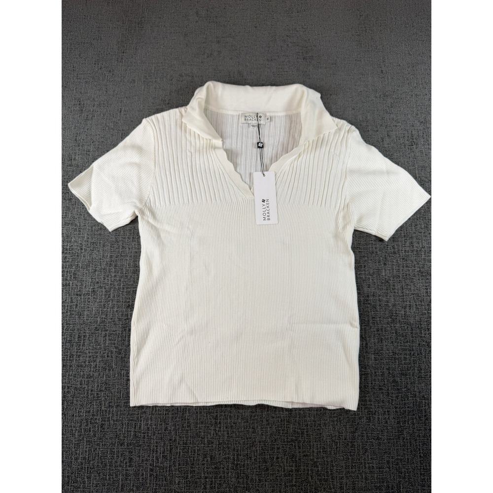 Molly Bracken Womens Ribbed Knit Polo Top Short Sleeve Cream V-Neck Size M NWT